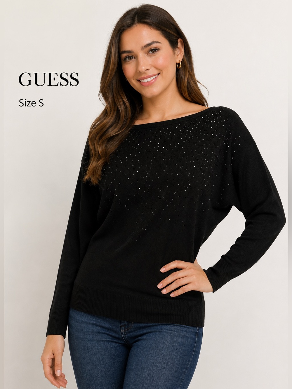 GUESS Black Rhinestone glam minimalist Boat Neck Sweater Women’s Size Small